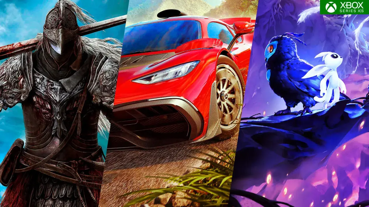 Montaje de tres juegos de Xbox: guerrero con armadura, coche deportivo rojo y personajes de Ori.