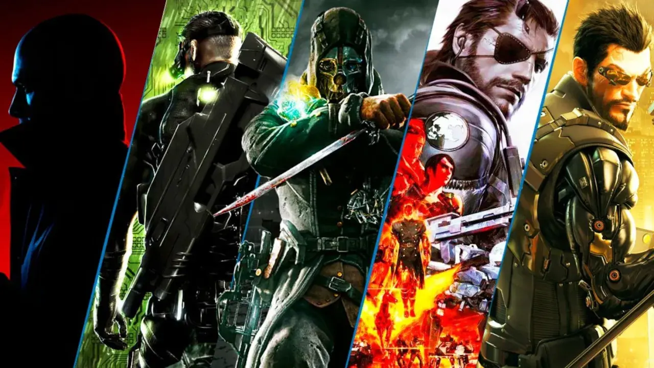 Personajes icónicos de los mejores juegos de sigilo: Hitman, Deus Ex, Metal Gear Solid y Dishonored.