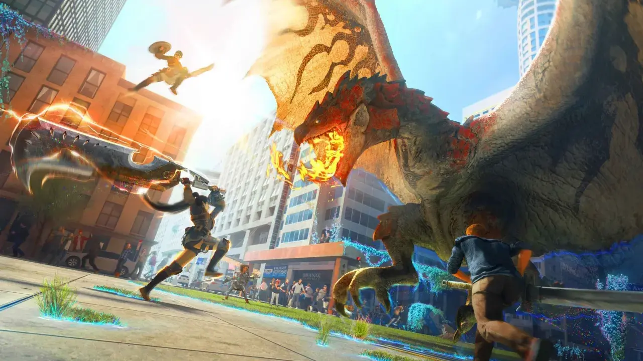 Cazadores luchan contra un dragón en la ciudad, una escena épica de Monster Hunter Online.