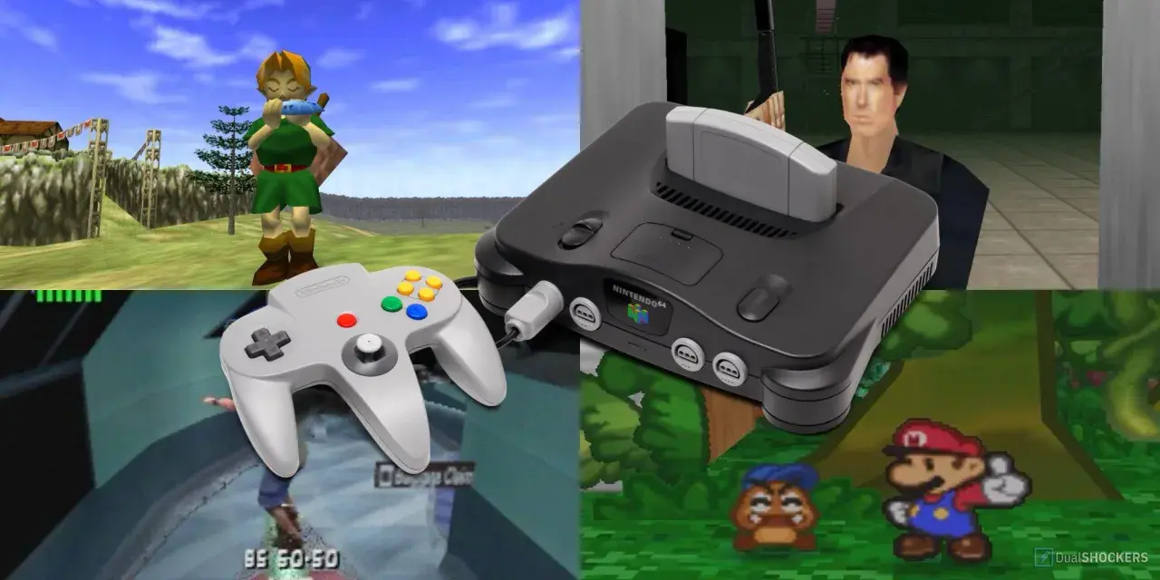 Collage de la Nintendo 64 con Link, Mario, un personaje de GoldenEye y el mando. Recuerdos de los mejores juegos Nintendo 64.