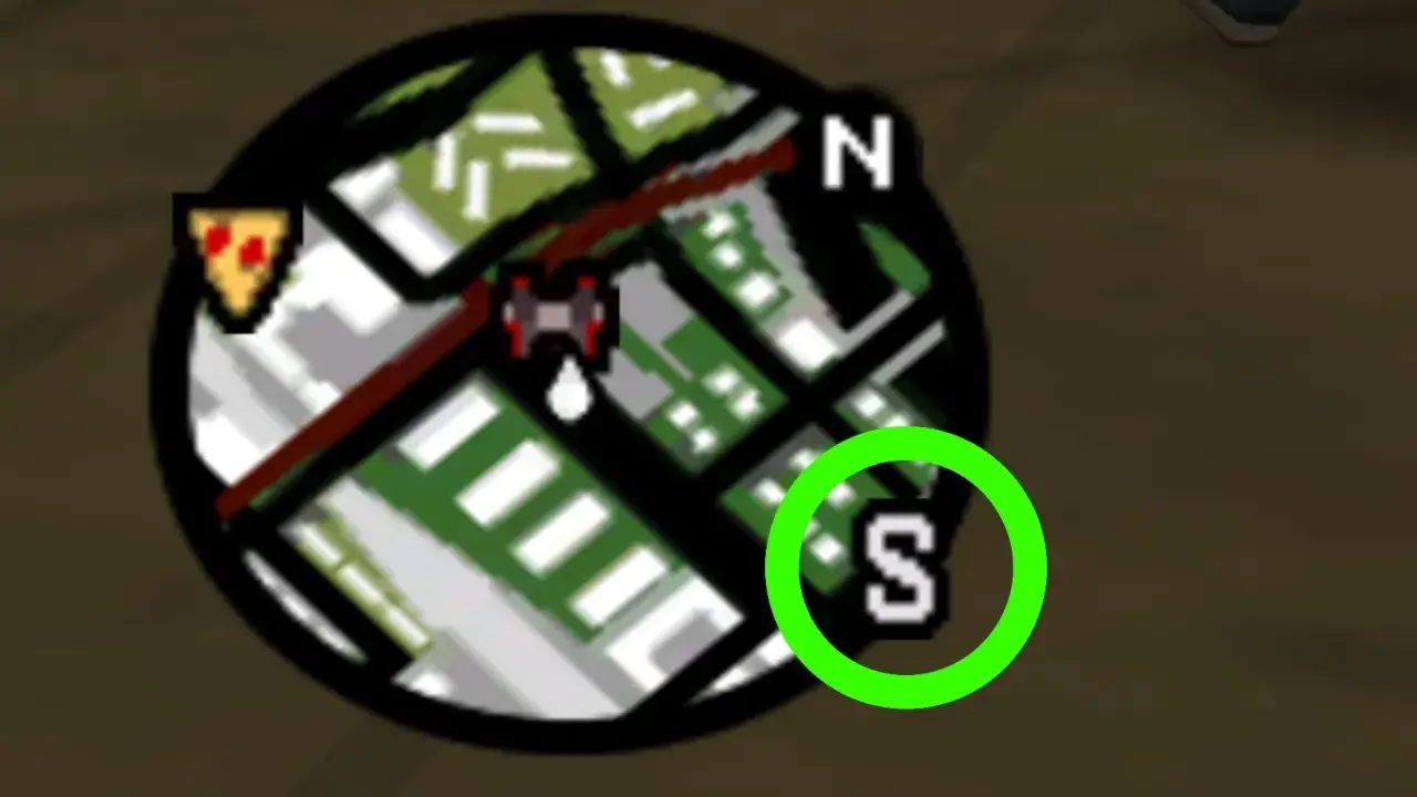 Mini-map de GTA San Andreas con un icono de pizza y la letra "S" rodeada de verde. ¡Listo para nuevas misiones!