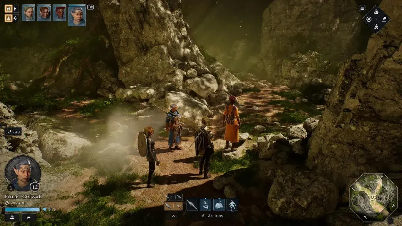 Grupo de aventureros en un entorno rocoso, típico de juegos estrategia PS4.
