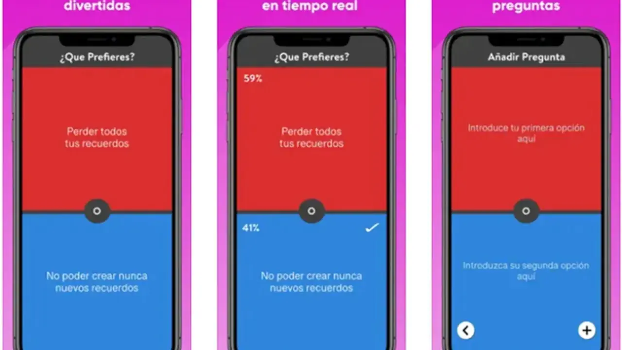 Pantallas de juegos para iPhone: "¿Qué Prefieres?", con opciones para perder recuerdos o no crear nuevos, ver estadísticas y añadir preguntas.