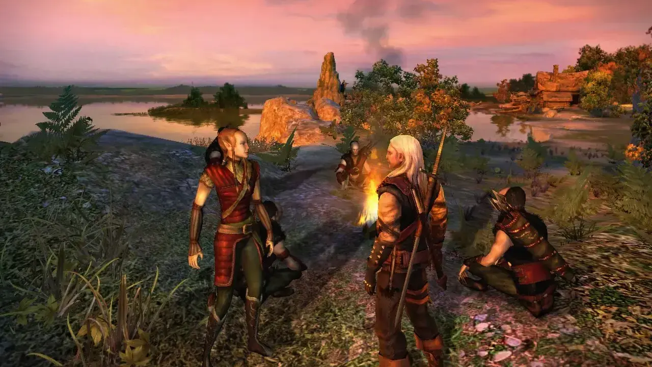 Elfos y Geralt junto a una hoguera, anticipando el **the witcher remake**. Atardecer en un paisaje idílico.