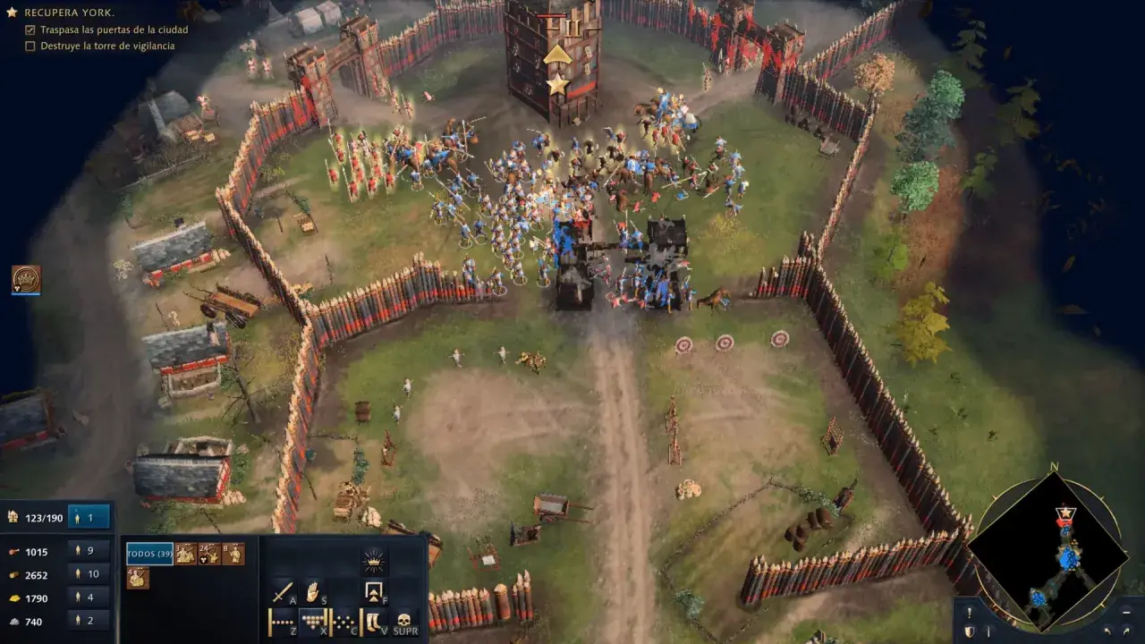 Batalla en Age of Empires 4. Tropas asaltan una fortaleza amurallada, con arqueros y lanceros en combate.
