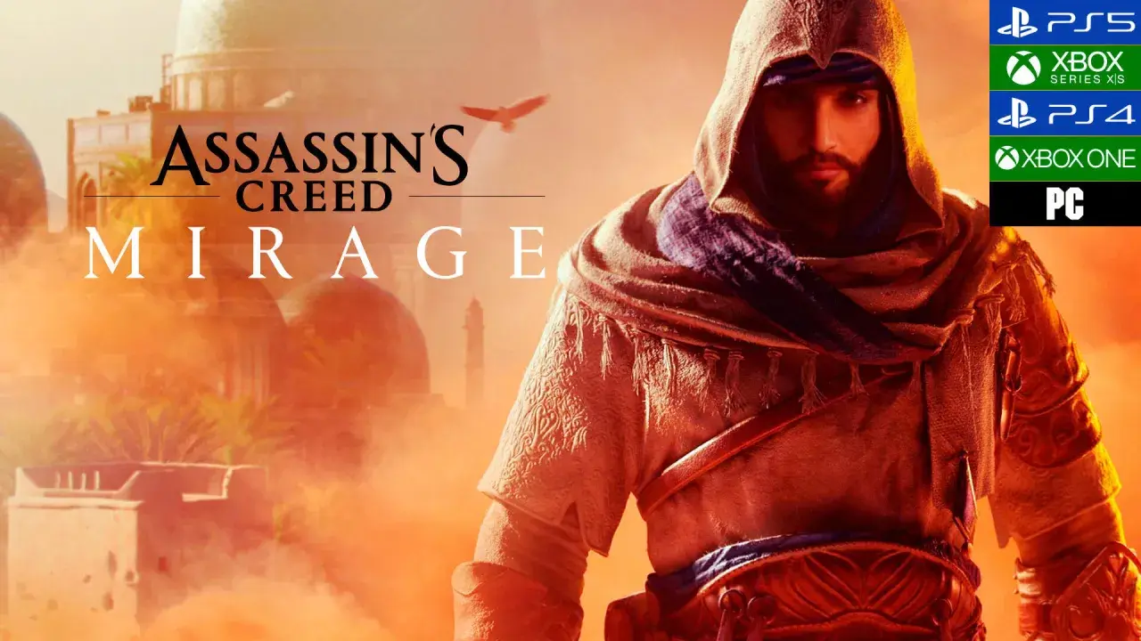 Un asesino con capucha en Assassin's Creed Mirage, con el título del juego y los logos de las plataformas.