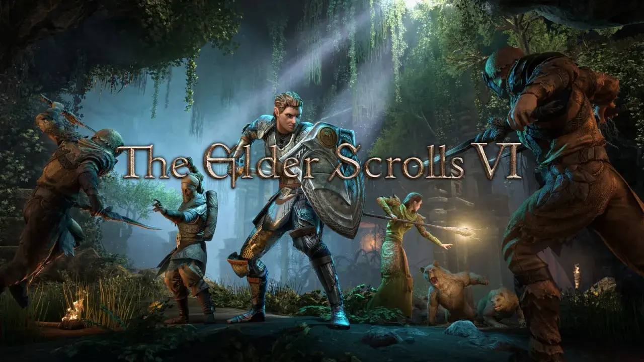 El logo de The Elder Scrolls VI aparece sobre una escena de batalla con guerreros, un oso y un lobo en un entorno selvático.