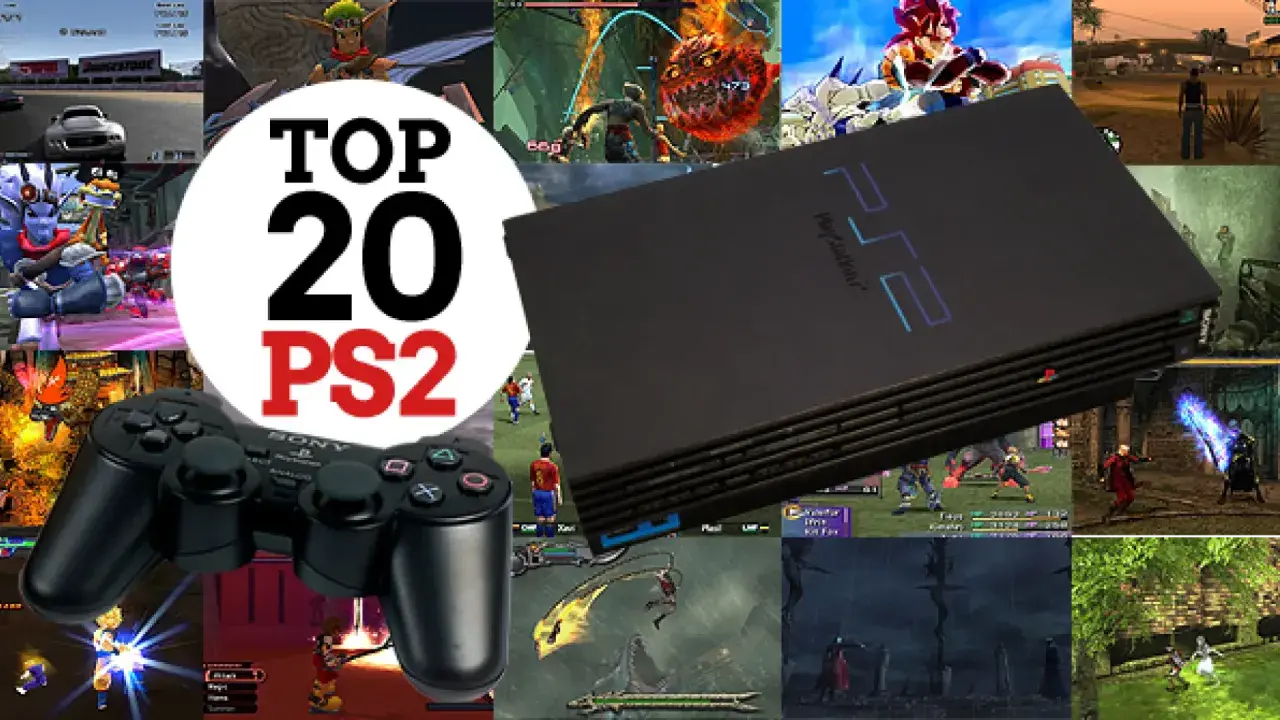 Collage de imágenes de videojuegos de PS2, con la consola y un mando en primer plano. Celebrando los mejores juegos de PS2.