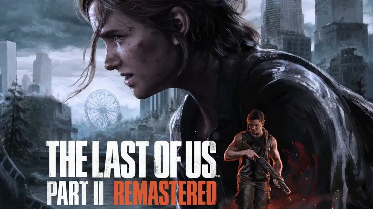 Ellie y Abby en un paisaje urbano desolado, con el título "The Last of Us Part II Remastered".