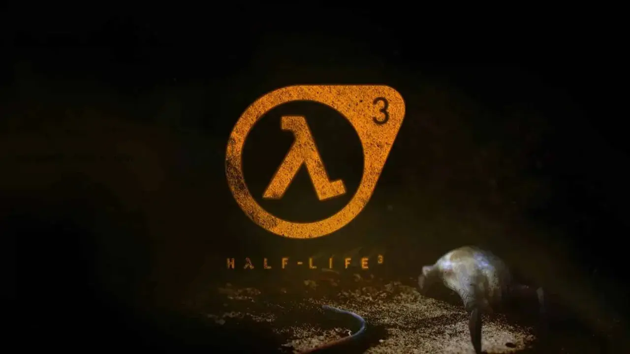 El logo de Half-Life 3, con el símbolo lambda naranja y el número 3, sobre un fondo oscuro. Una criatura yace en el suelo.