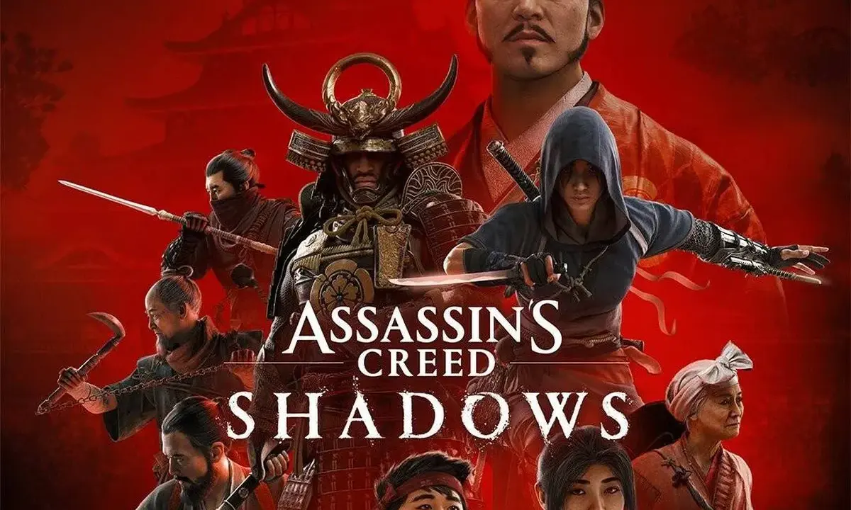 El arte promocional de **Assassin's Creed Shadows** muestra un grupo de samuráis y ninjas en un fondo rojo intenso, listos para la acción.