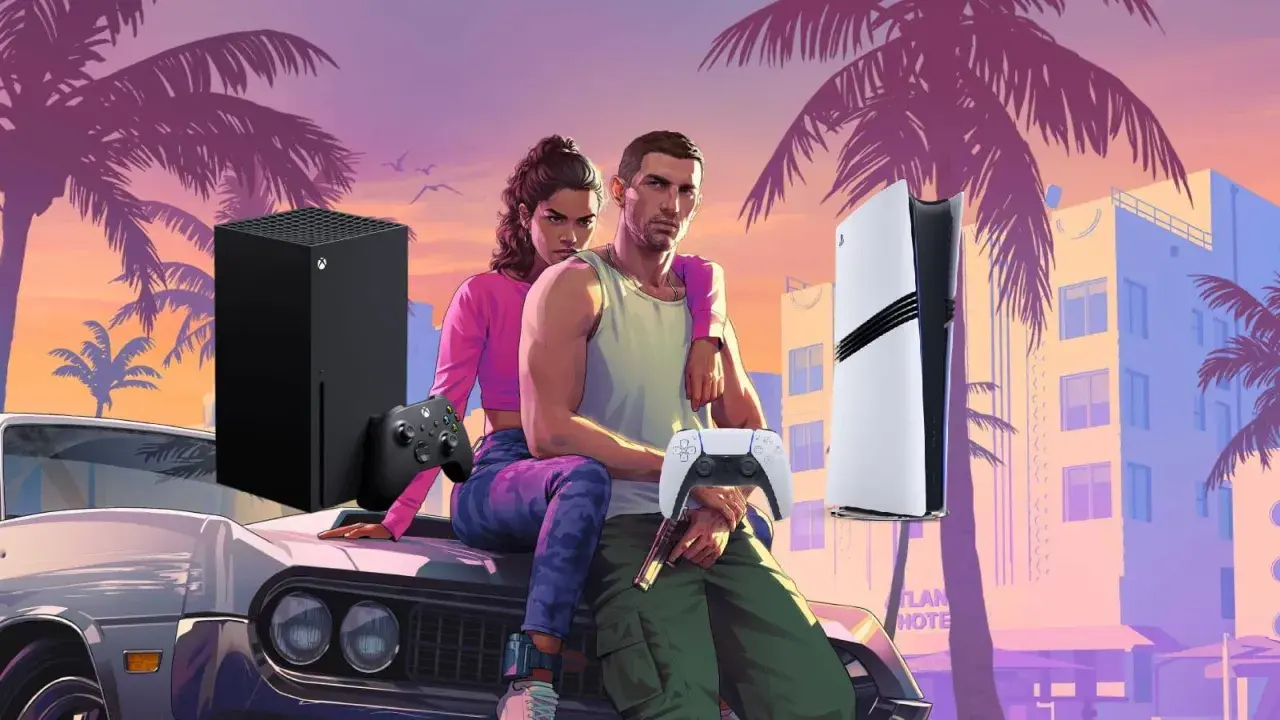 Pareja en un coche clásico, con consolas Xbox Series X y PS5, esperando la fecha de lanzamiento de GTA 6.
