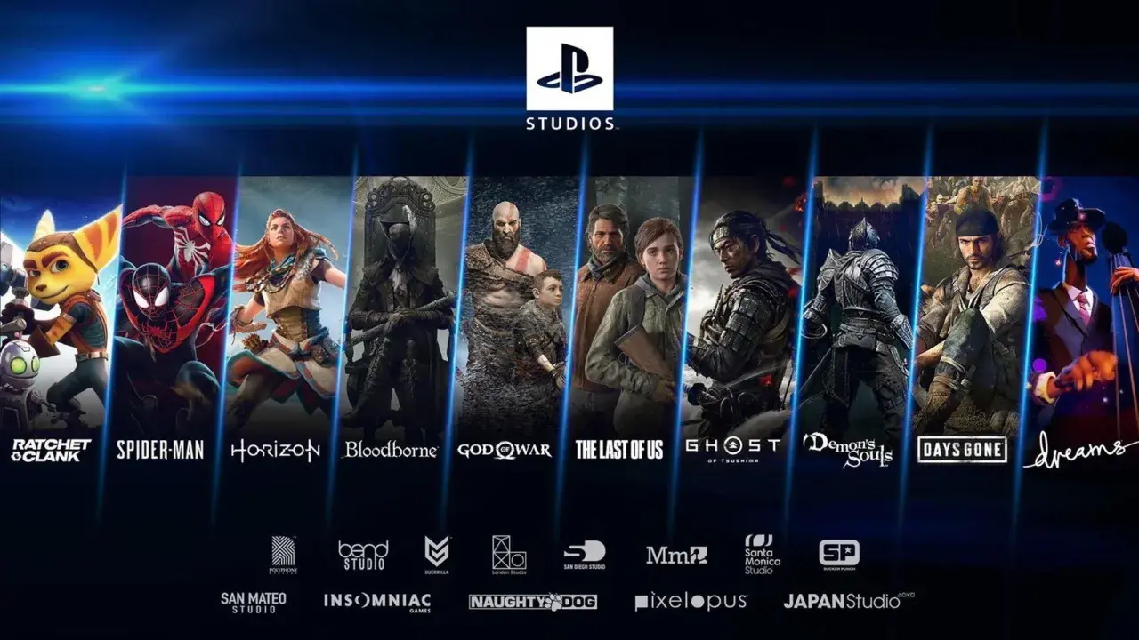 Personajes icónicos de juegos exclusivos PS5: Ratchet, Spider-Man, Aloy, cazador de Bloodborne, Kratos, Ellie, Jin Sakai, caballero de Demon's Souls, Deacon St. John y un músico de Dreams.