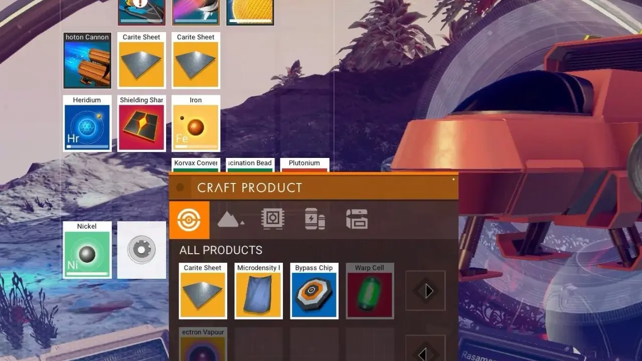 Interfaz de crafteo en No Man's Sky. Muestra recursos como Heridium, Hierro y Níquel, y productos como Lámina de Carita y Célula de Curva.