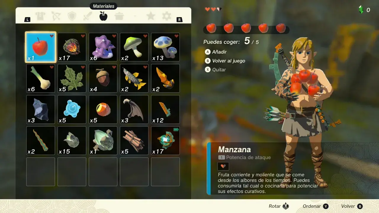 Link recolecta manzanas, un ingrediente clave para recetas en Zelda Tears of the Kingdom.