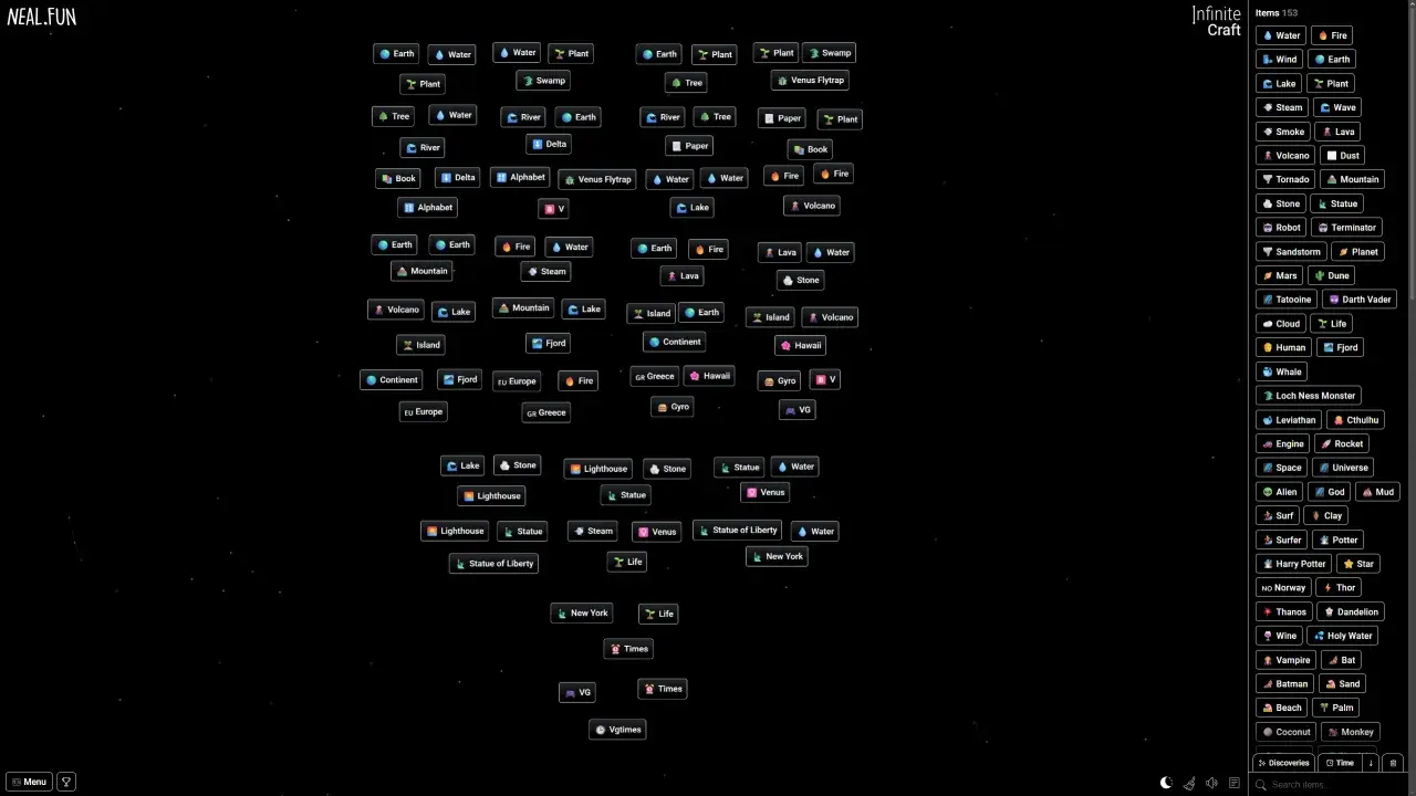 Explorando el universo de Infinite Craft, combinando elementos como Tierra, Agua y Fuego para crear nuevas maravillas.