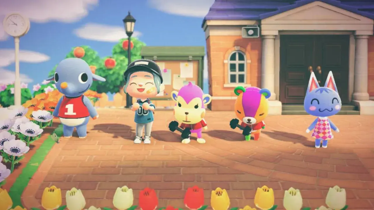 Personaje de Animal Crossing con sus mejores vecinos: un cordero, dos monos y un oso, todos listos para entrenar.