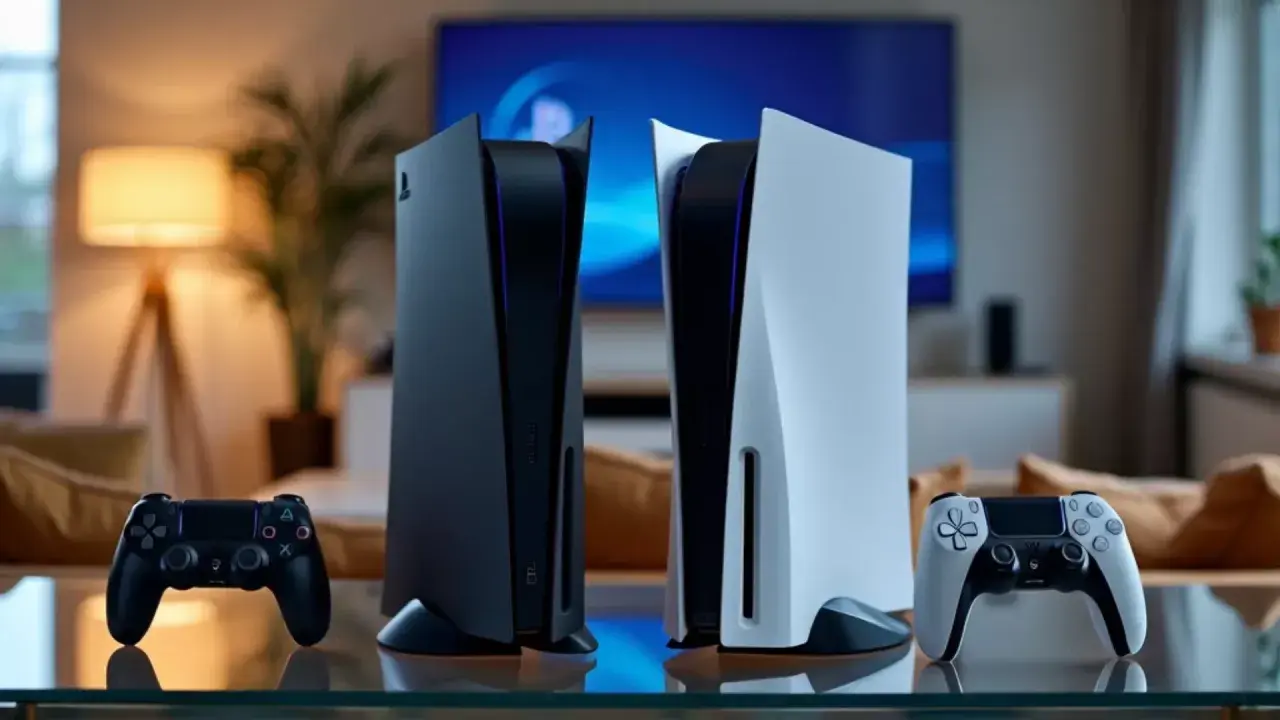Dos consolas PlayStation 5, una negra y otra blanca, junto a sus mandos. Los juegos de PS4 son compatibles con PS5, ¡disfruta de tu biblioteca!