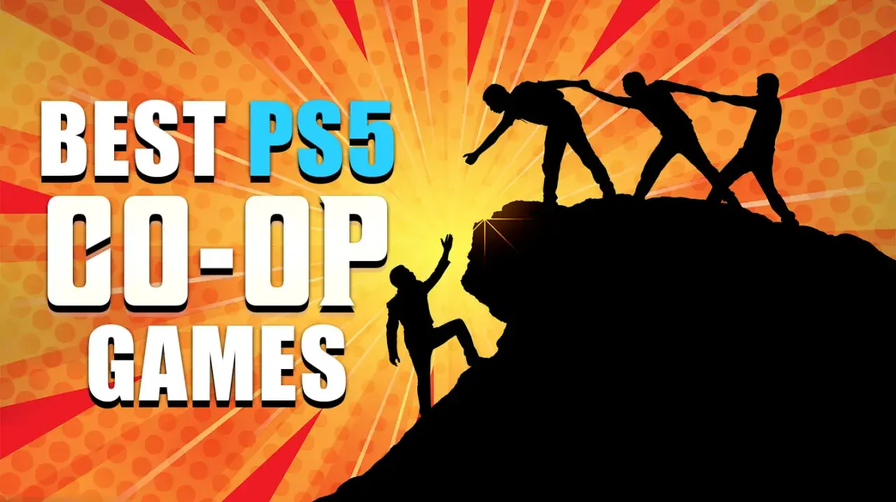 Siluetas de personas escalando una montaña, ayudándose mutuamente. El texto dice "BEST PS5 CO-OP GAMES", destacando la importancia de la cooperación en los juegos.