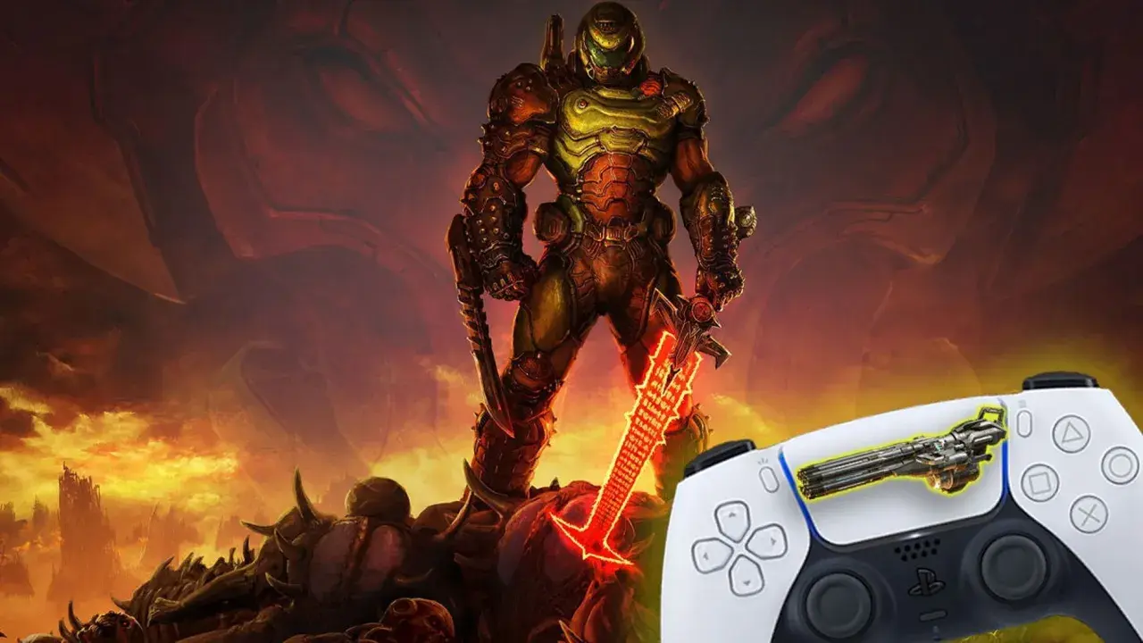 El Doom Slayer, listo para la acción, junto a un mando de PS5. ¡La experiencia definitiva de los mejores shooters PS5!