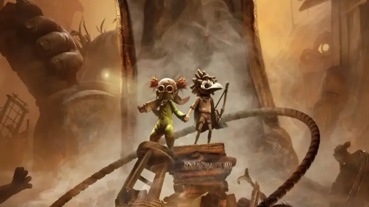 Dos niños, uno con traje verde y otro con arco, se enfrentan a un gigante en Little Nightmares 3.