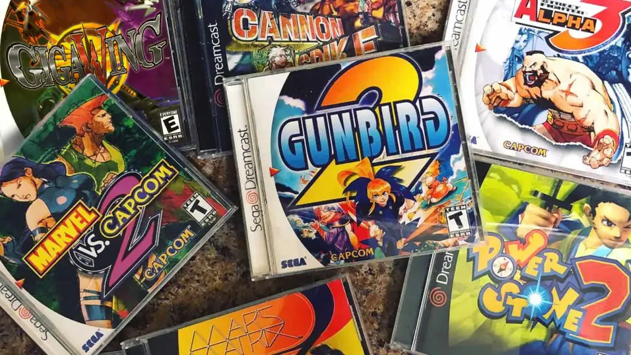 Cajas de los mejores juegos de Dreamcast: Marvel vs. Capcom 2, Gunbird 2, Power Stone 2, Gigawing, Cannon Spike y Street Fighter Alpha 3.