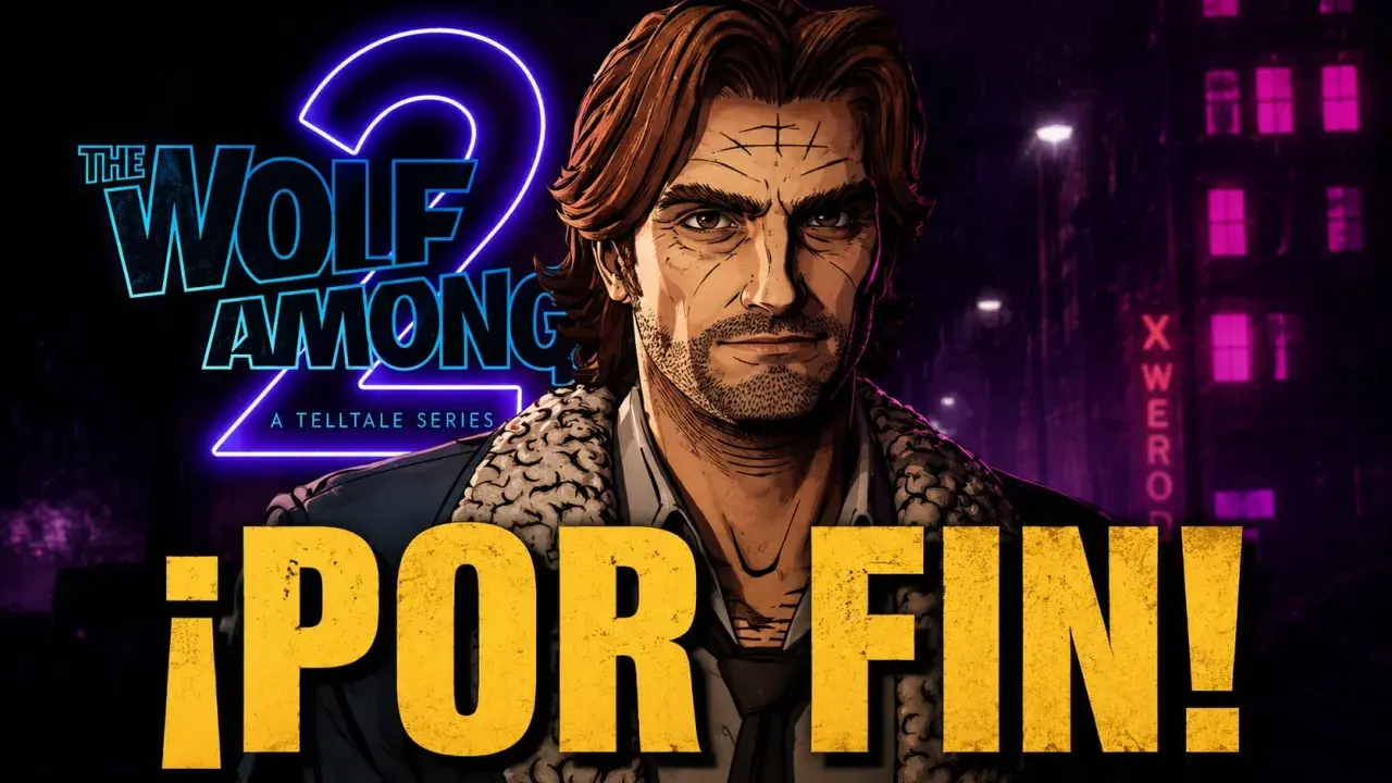 Bigby Wolf regresa en The Wolf Among Us 2. El logo de Telltale Series brilla con neón sobre un fondo urbano nocturno.