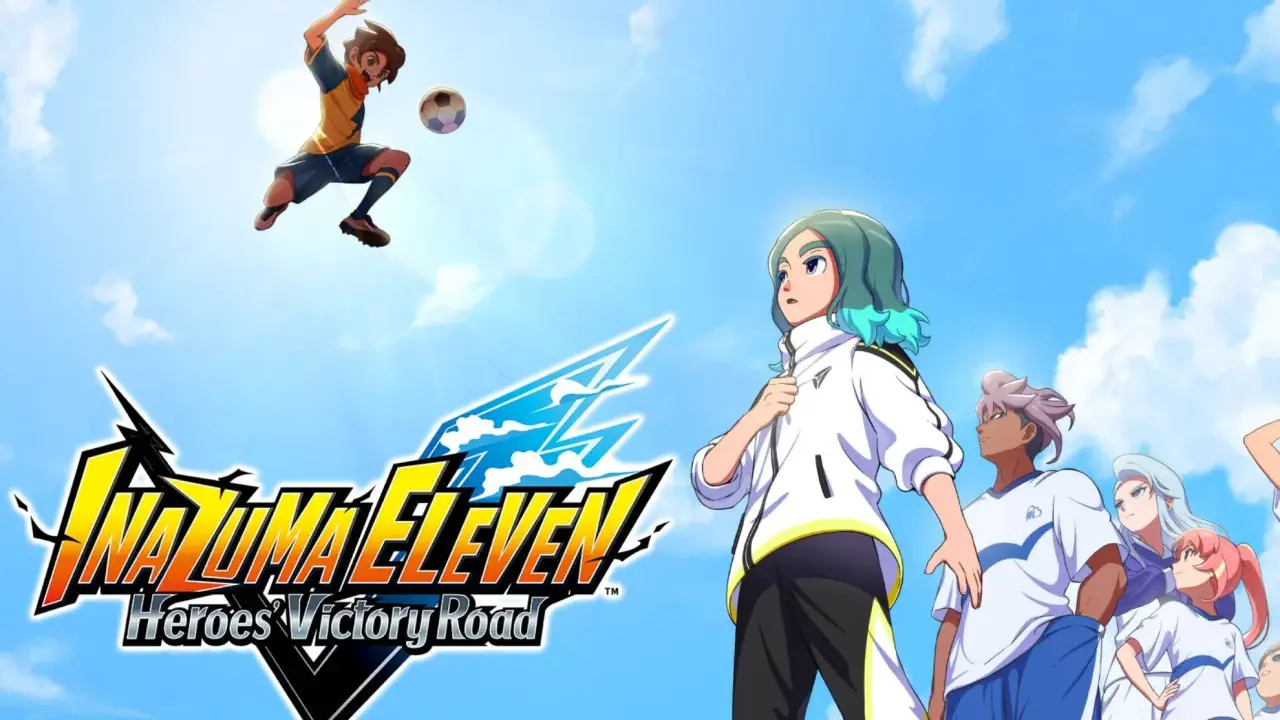 El equipo de Inazuma Eleven Heroes Victory Road se prepara para la victoria bajo un cielo azul.