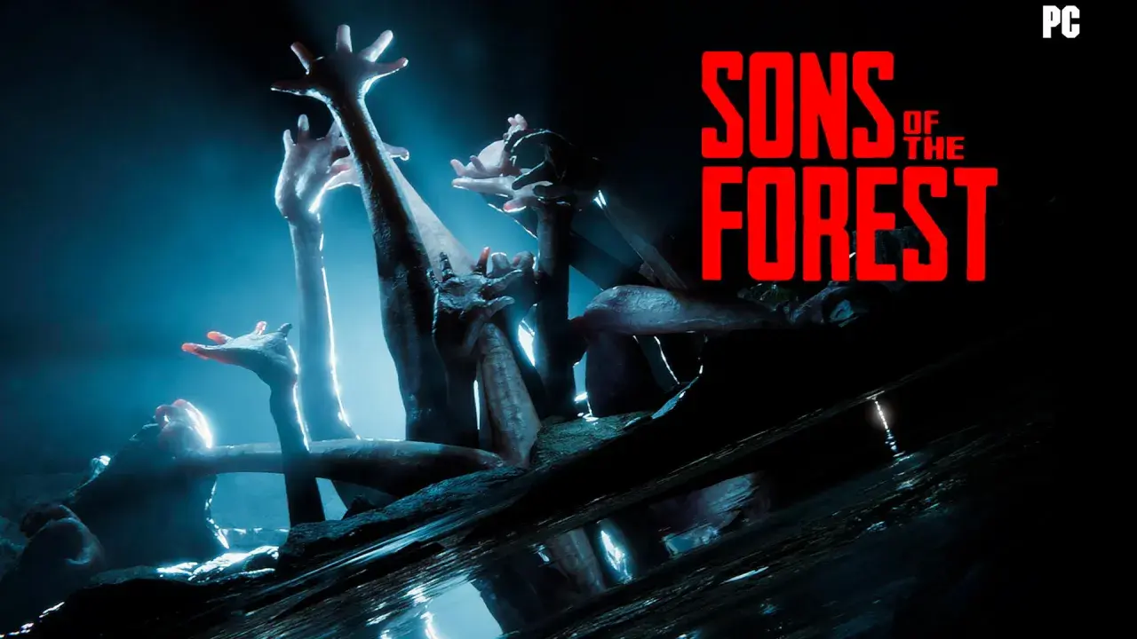 Manos pálidas emergen de la oscuridad en the forest 2, un grito silencioso en la penumbra.