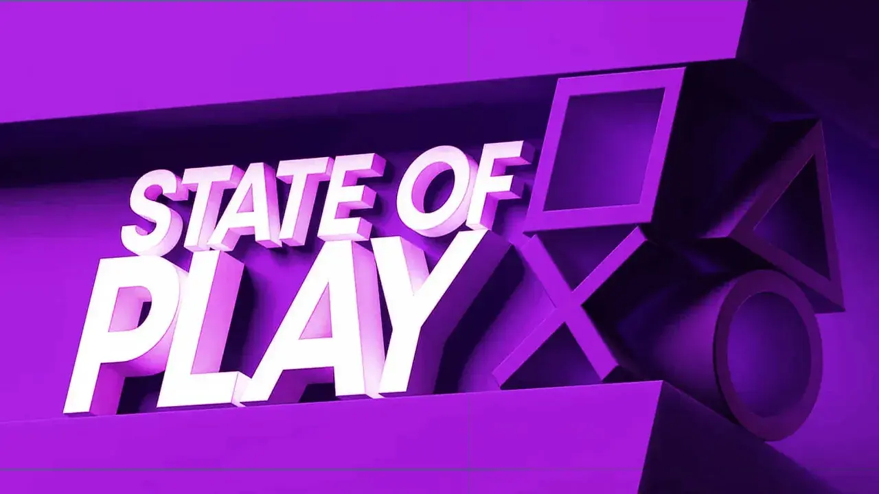 El logo "State of Play" en blanco sobre un fondo morado, con los símbolos de PlayStation.