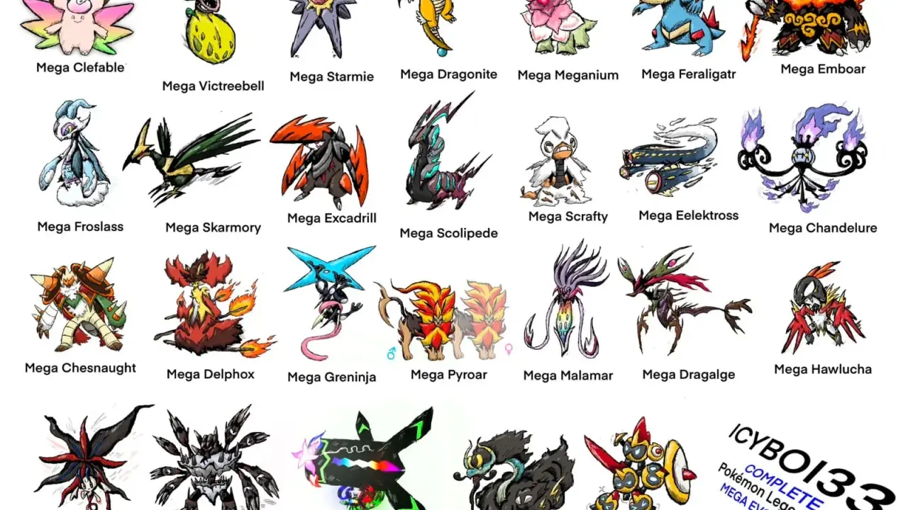Ilustraciones de megas Pokémon Z-A, incluyendo Mega Clefable, Mega Victreebell, Mega Starmie, Mega Dragonite, Mega Meganium, Mega Feraligatr, Mega Emboar, Mega Froslass, Mega Skarmory, Mega Excadrill, Mega Scolipede, Mega Scrafty, Mega Eelektross, Mega...