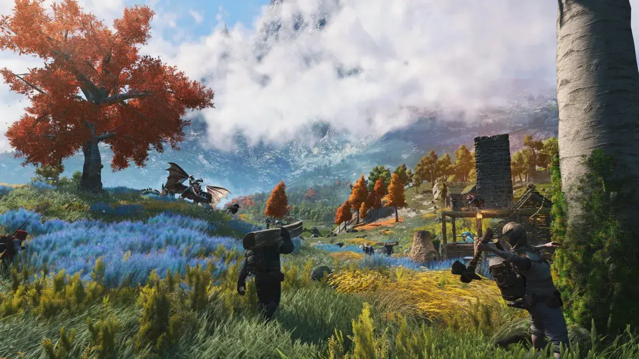 Un dragón alado se posa bajo un árbol de hojas rojas. Hombres cargan madera en un paisaje de flores azules y amarillas, con un pueblo y montañas al fondo. Luz natural, sin fuego.