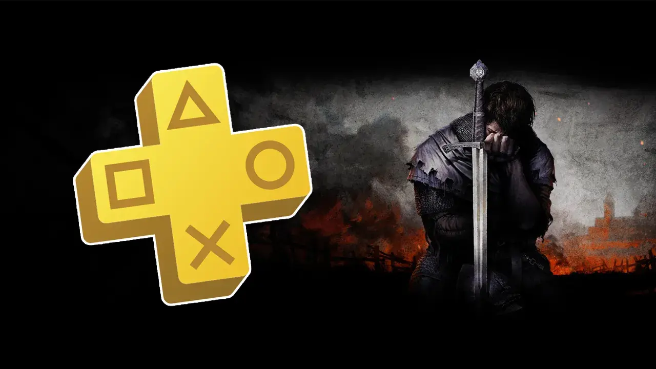 El logo de PS Plus de abril junto a un guerrero medieval con su espada.