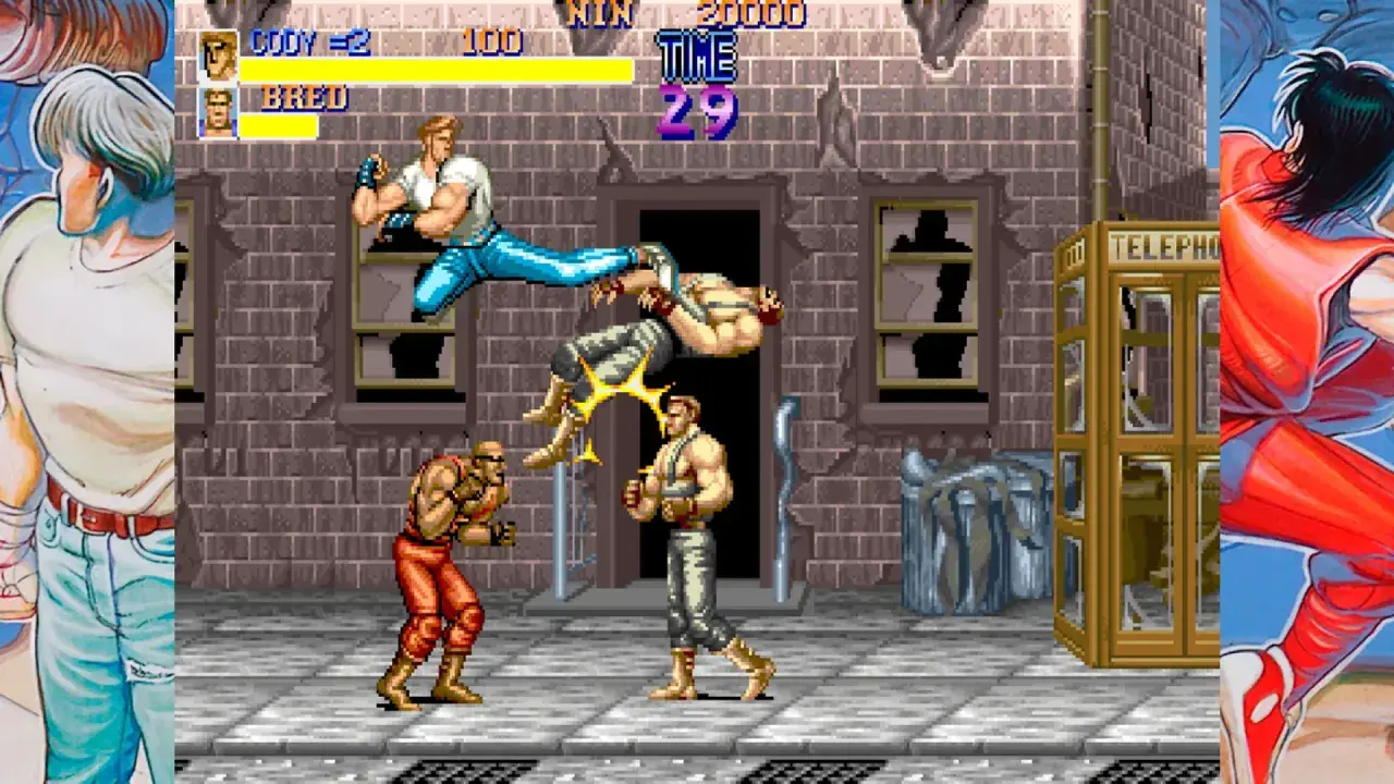 Combate callejero en juegos PS4 2 jugadores misma pantalla gratis. Cody y Bred luchan en un callejón.