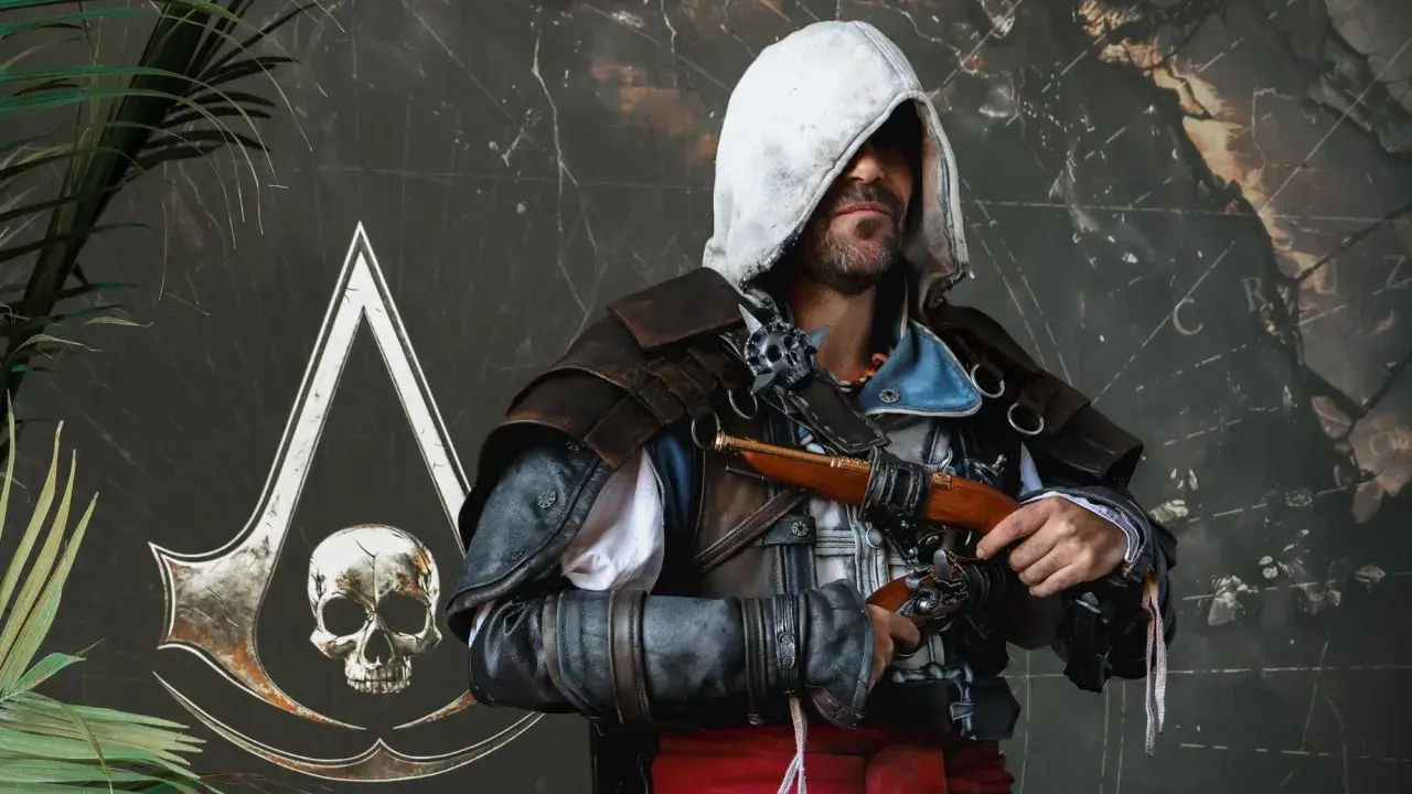 Un pirata con el símbolo de Assassin's Creed Black Flag remake, listo para la acción.