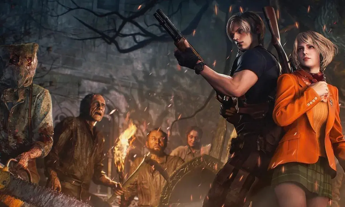 Leon y Ashley se preparan para la batalla contra enemigos con motosierra y antorchas en Resident Evil 4 Remake.