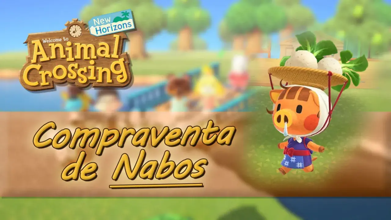 La cerdita Daisy Mae de Animal Crossing New Horizons lleva una cesta de nabos en la cabeza.