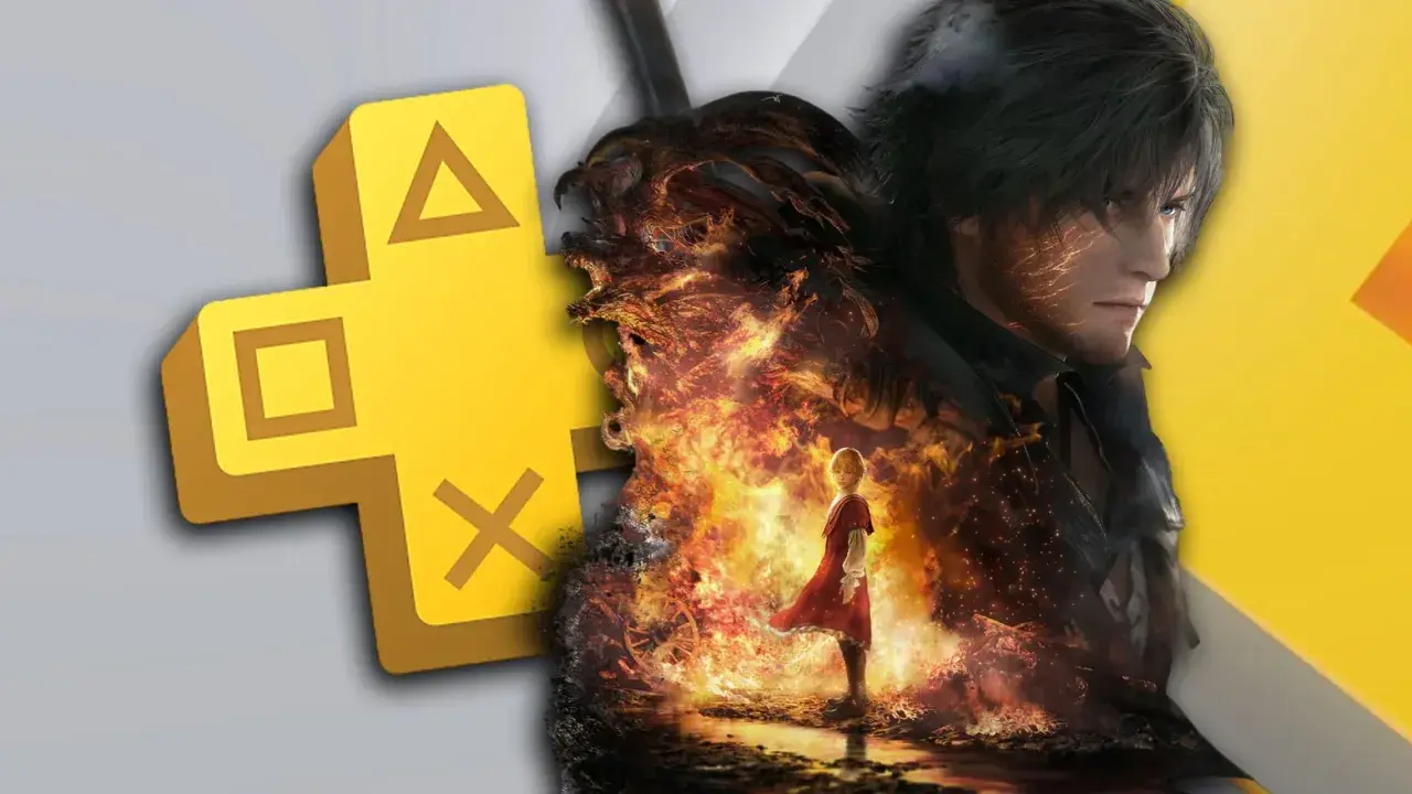 El logo de PS Plus se fusiona con un guerrero y una figura femenina rodeados de fuego. ¡Descubre nuevos juegos PS Plus Premium!