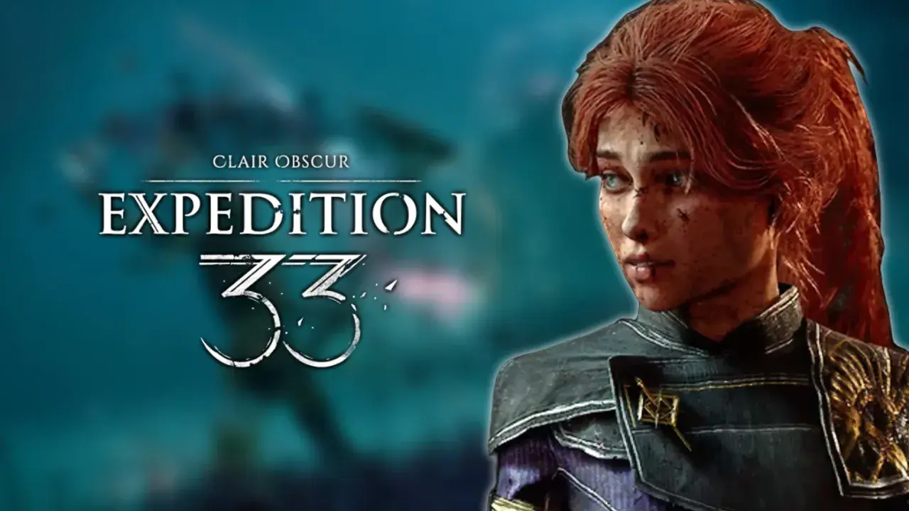Una joven con cabello rojo y ojos azules, con el logo "Clair Obscur Expedition 33" al fondo.