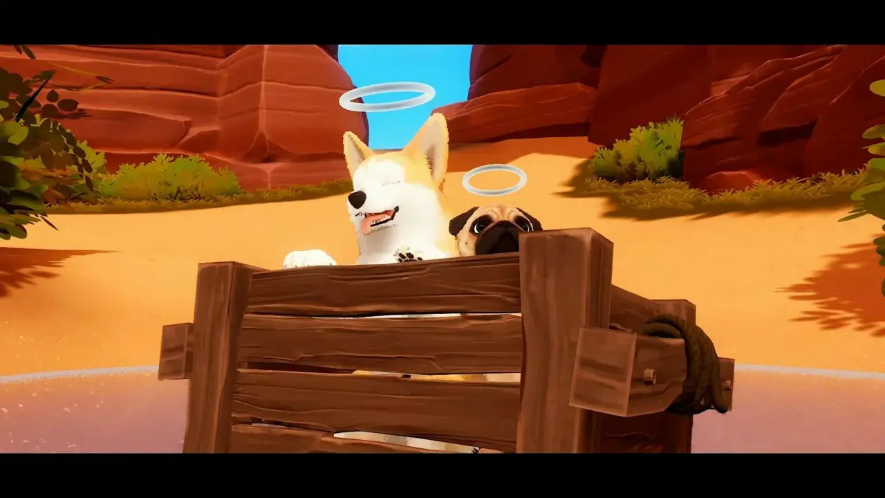 Dos adorables perros, un corgi y un pug, con halos, en un carro de madera. ¡Una aventura de **Nintendo Indie World**!