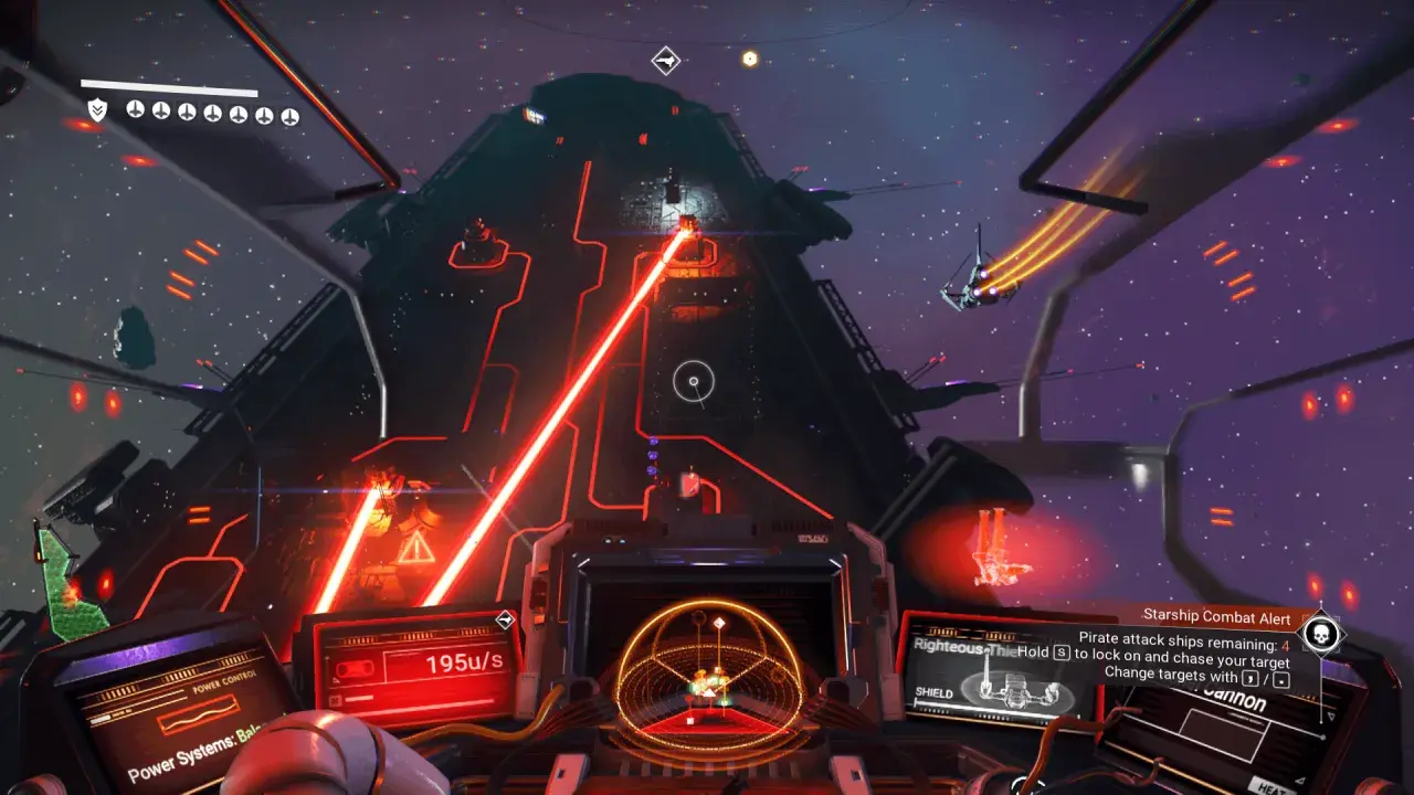 Cabina de nave en combate en No Man's Sky. Rayos láser rojos iluminan una nave pirata.