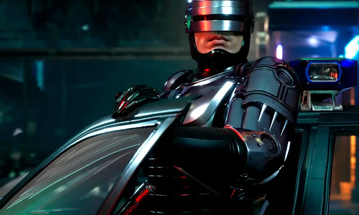 RoboCop, con su icónico casco, se prepara para la acción en este **robocop rogue city analisis**.
