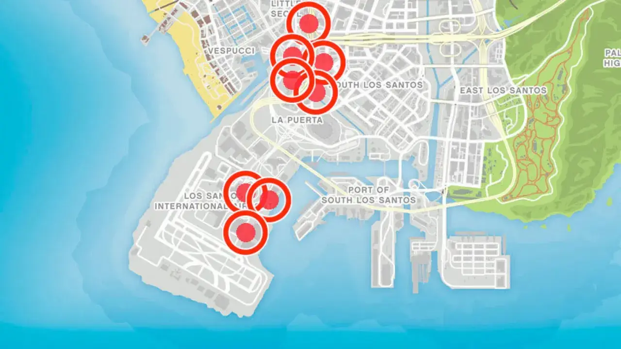 Mapa de Los Santos con círculos rojos marcando ubicaciones para saltos acrobáticos en GTA 5.