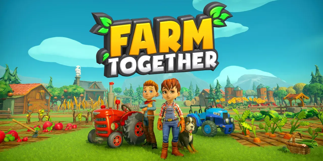 Dos niños y un perro posan frente a un tractor rojo y un azul en un campo de cultivo. El logo de "Farm Together" se cierne sobre la escena, invitando a jugar este juego de granja en Switch.