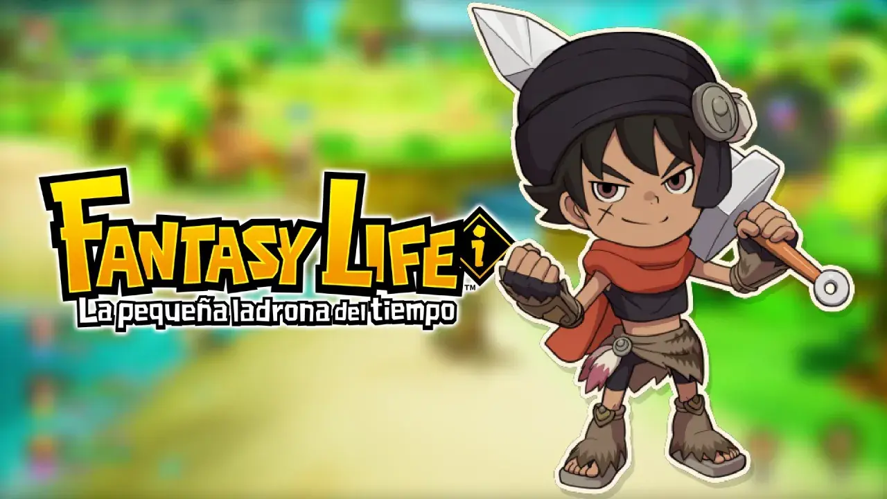 Un personaje de estilo anime con una espada, listo para una aventura en su fantasy life i. El logo de "Fantasy Life" aparece a la izquierda.