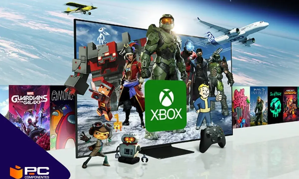 Personajes de videojuegos y el logo de Xbox, listos para jugar en la nube. ¡Xbox Cloud Gaming te lleva a nuevas aventuras!