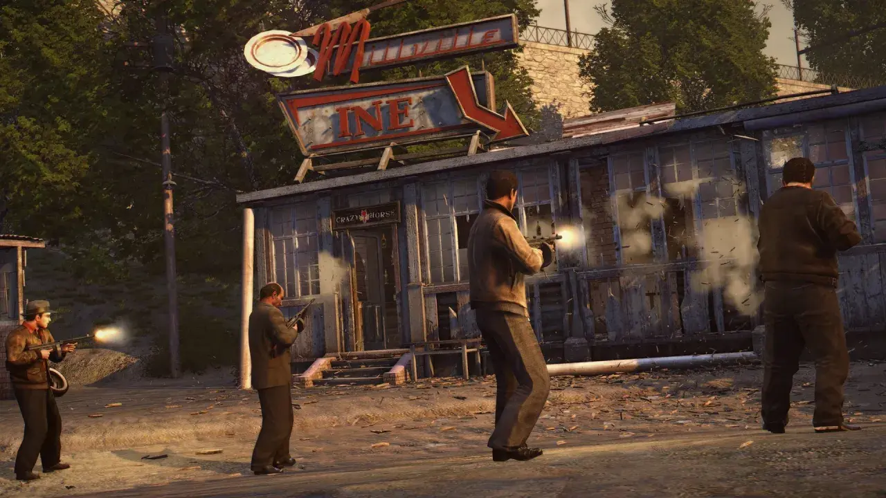 Hombres armados disparan contra un edificio, una escena de acción digna de un juego de mafia en Nintendo Switch.