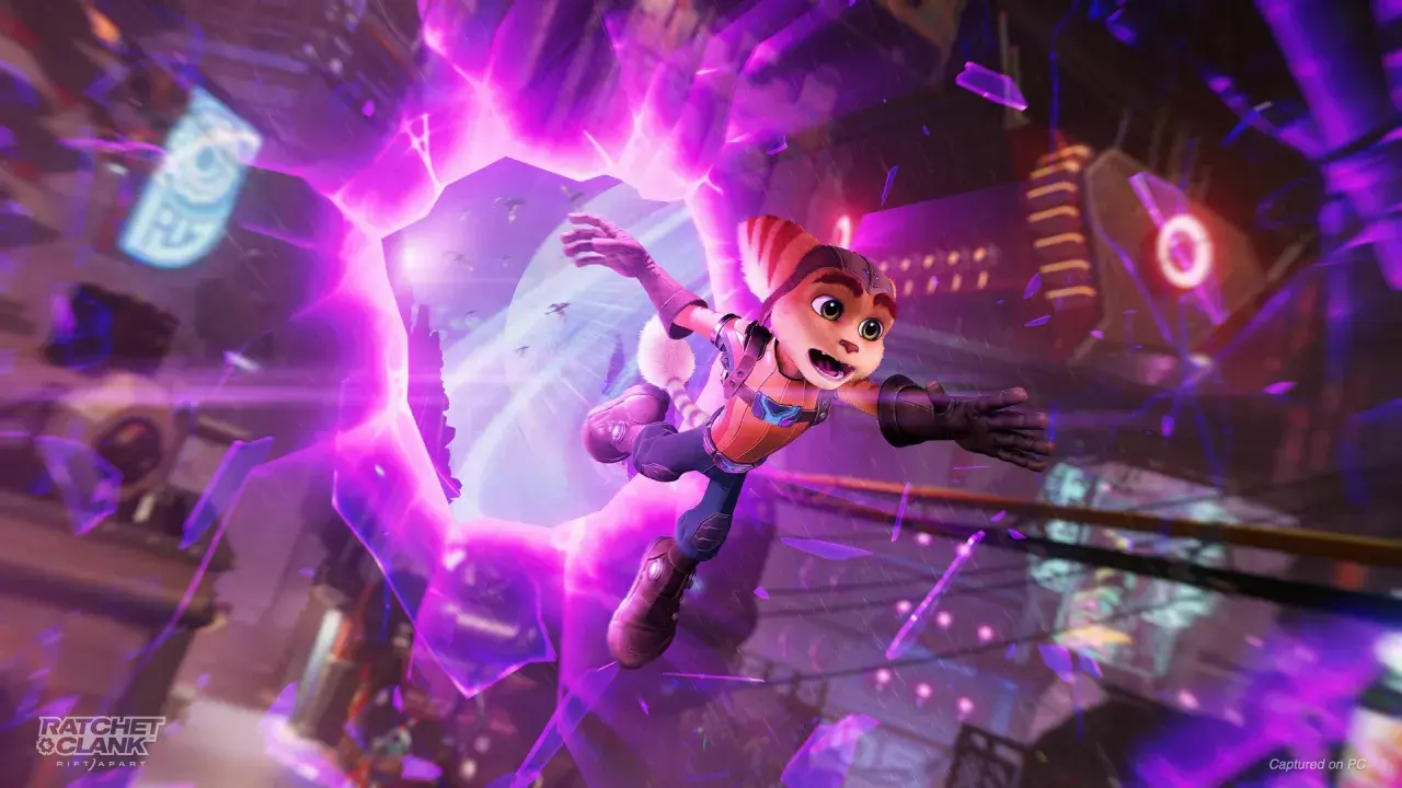 Ratchet salta a través de una grieta dimensional púrpura en Ratchet & Clank: Una Dimensión Aparte.
