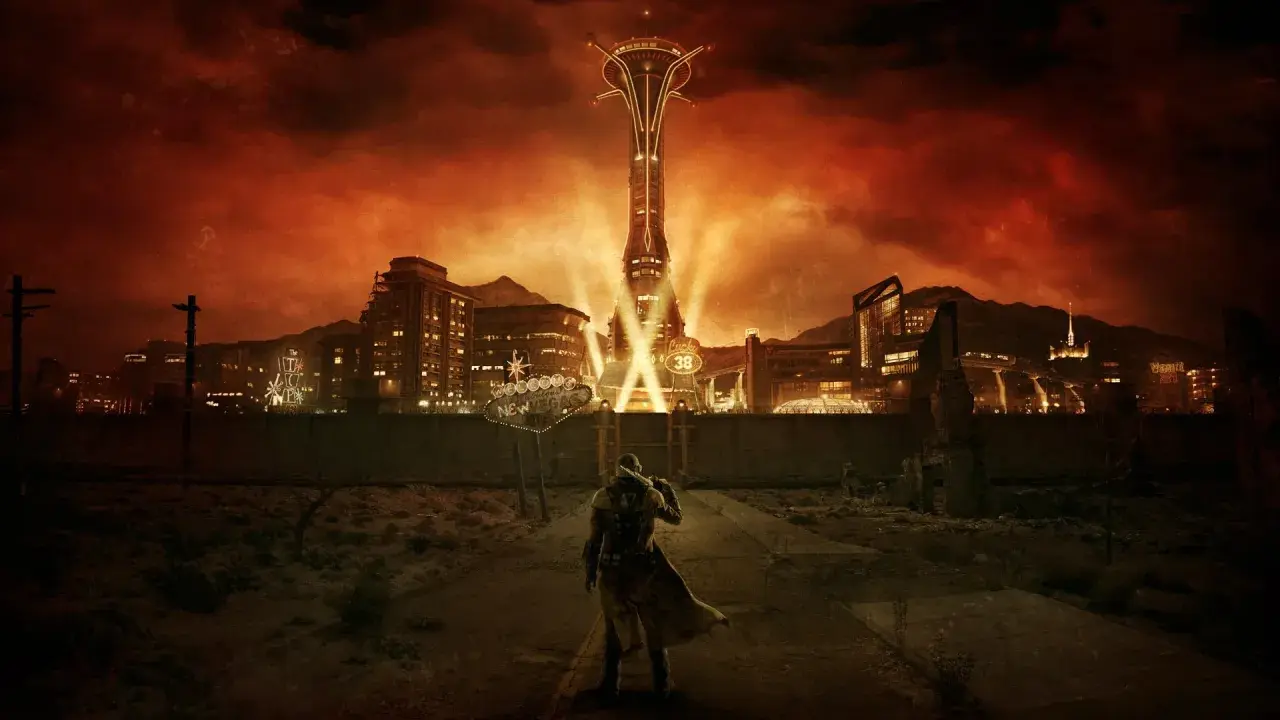 Un personaje solitario se enfrenta a la imponente silueta de New Vegas, con el Lucky 38 brillando. Una visión de **Fallout New Vegas Remastered**.