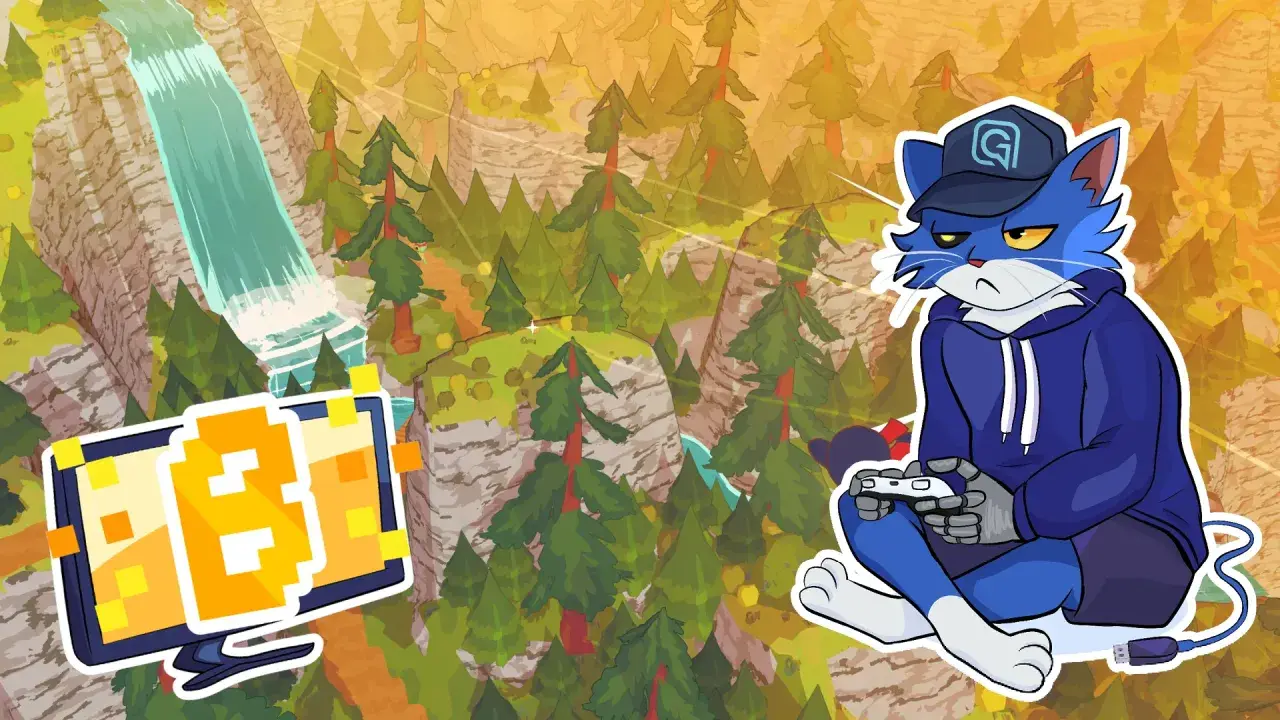 Gato azul con gorra y sudadera azul, jugando videojuegos en medio de un paisaje montañoso con cascada. Parece que prefiere un corto paseo virtual.